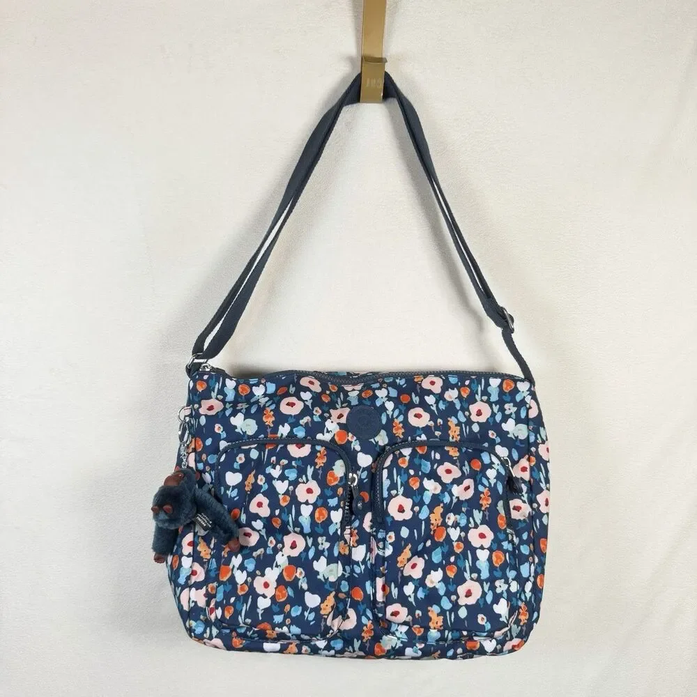 Kipling Live Light Blue Floral Crossbody Shoulder Bag Monkey Keychain Multi Pock